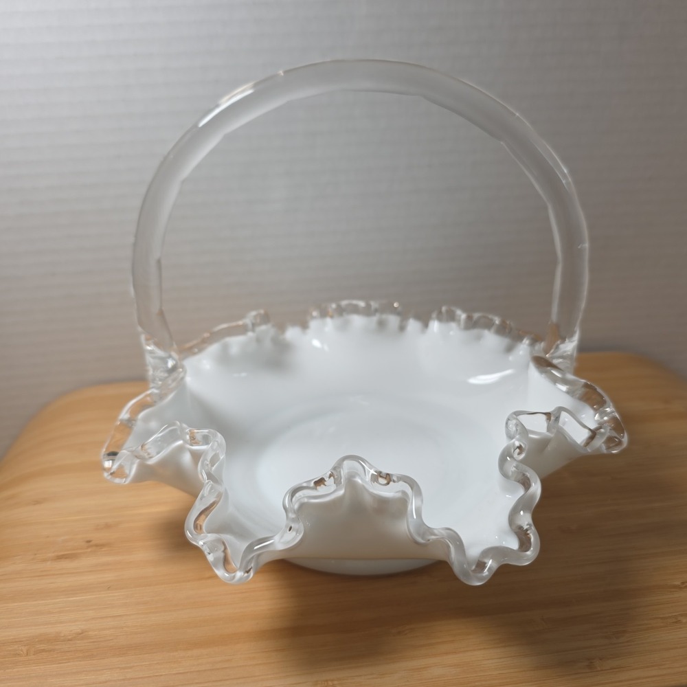 Vintage Fenton Silver Crest Milk Glass Basket Ruffled Edges & Clear Handle